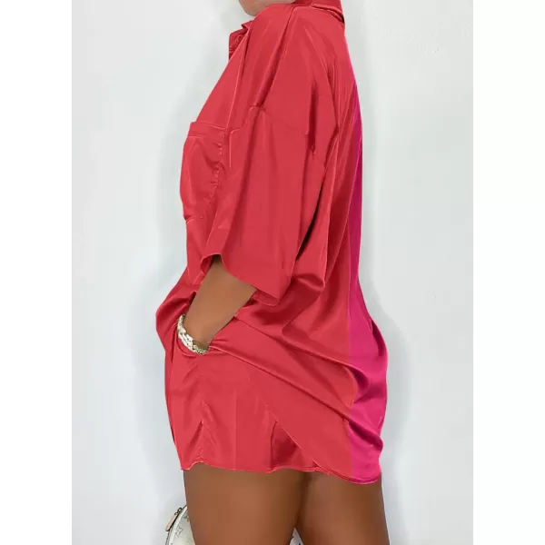 imagePRETTYGARDEN Womens 2 Piece Satin Pajama Sets Short Sleeve Button Down Tops And Shorts Set 2023 Summer Pjs Silk SleepwearRose Redred