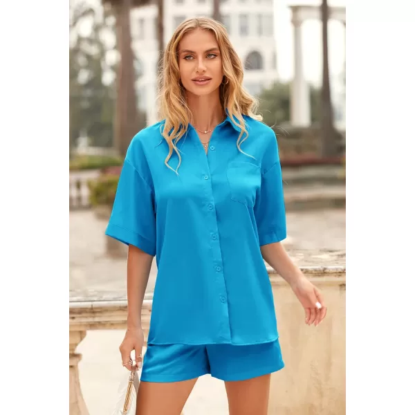 imagePRETTYGARDEN Womens 2 Piece Satin Pajama Sets Short Sleeve Button Down Tops And Shorts Set 2023 Summer Pjs Silk SleepwearSky Blue