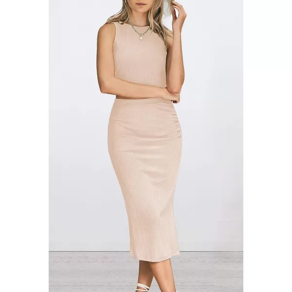imagePRETTYGARDEN Womens 2 Piece Summer Outfits Crewneck Tank Tops Split Bodycon Midi Skirt Dress SetApricot