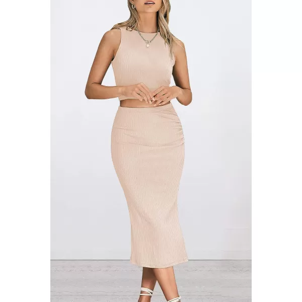 imagePRETTYGARDEN Womens 2 Piece Summer Outfits Crewneck Tank Tops Split Bodycon Midi Skirt Dress SetApricot