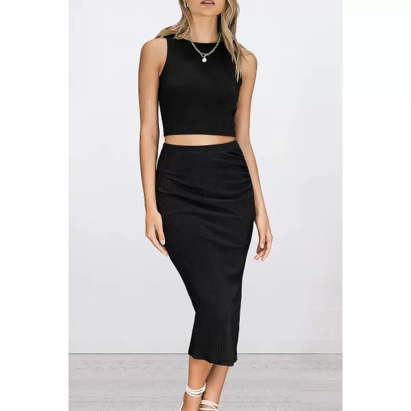 imagePRETTYGARDEN Womens 2 Piece Summer Outfits Crewneck Tank Tops Split Bodycon Midi Skirt Dress SetBlack