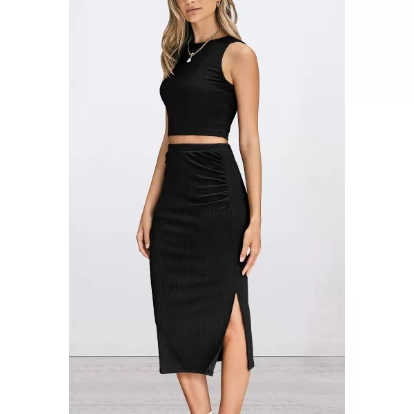 imagePRETTYGARDEN Womens 2 Piece Summer Outfits Crewneck Tank Tops Split Bodycon Midi Skirt Dress SetBlack
