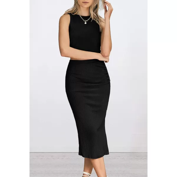 imagePRETTYGARDEN Womens 2 Piece Summer Outfits Crewneck Tank Tops Split Bodycon Midi Skirt Dress SetBlack