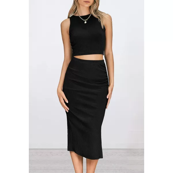 imagePRETTYGARDEN Womens 2 Piece Summer Outfits Crewneck Tank Tops Split Bodycon Midi Skirt Dress SetBlack