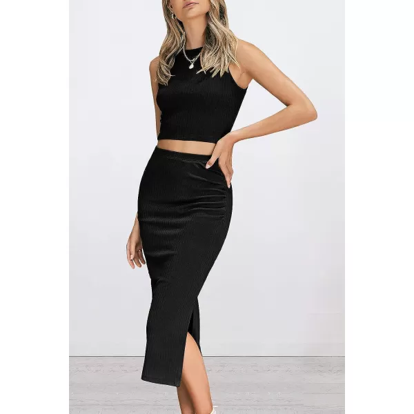 imagePRETTYGARDEN Womens 2 Piece Summer Outfits Crewneck Tank Tops Split Bodycon Midi Skirt Dress SetBlack