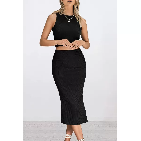 imagePRETTYGARDEN Womens 2 Piece Summer Outfits Crewneck Tank Tops Split Bodycon Midi Skirt Dress SetBlack