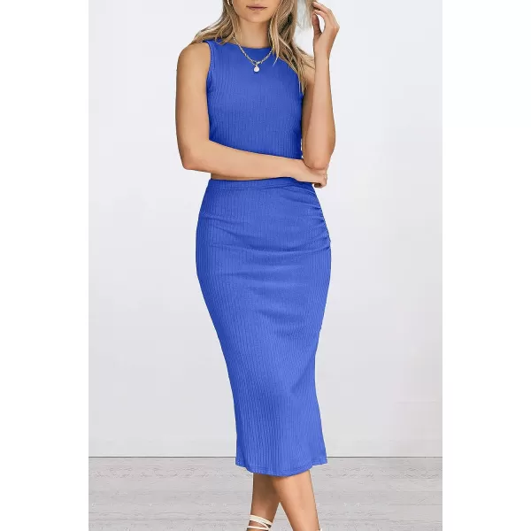 imagePRETTYGARDEN Womens 2 Piece Summer Outfits Crewneck Tank Tops Split Bodycon Midi Skirt Dress SetBlue