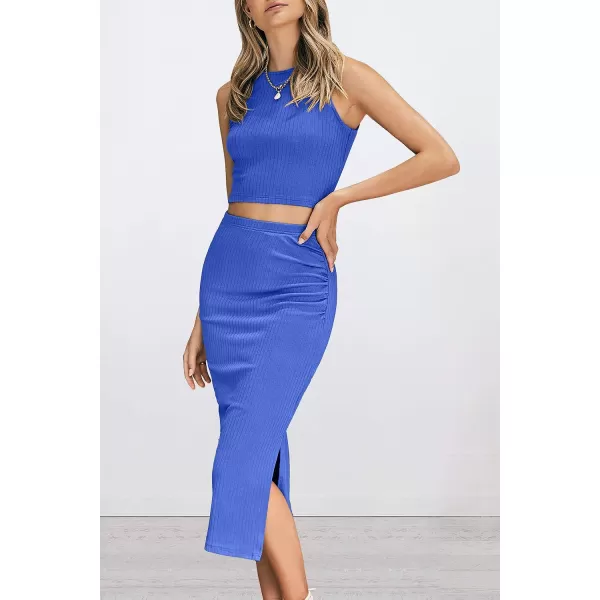 imagePRETTYGARDEN Womens 2 Piece Summer Outfits Crewneck Tank Tops Split Bodycon Midi Skirt Dress SetBlue