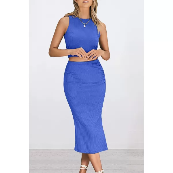 imagePRETTYGARDEN Womens 2 Piece Summer Outfits Crewneck Tank Tops Split Bodycon Midi Skirt Dress SetBlue