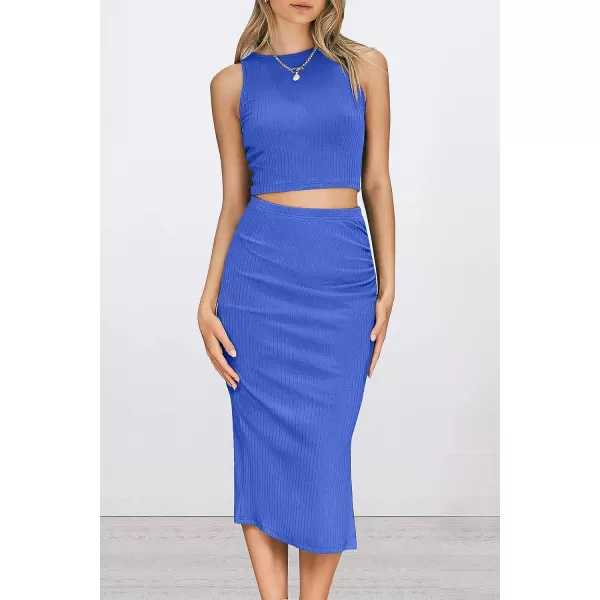 imagePRETTYGARDEN Womens 2 Piece Summer Outfits Crewneck Tank Tops Split Bodycon Midi Skirt Dress SetBlue