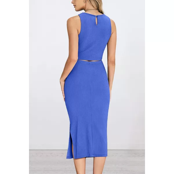 imagePRETTYGARDEN Womens 2 Piece Summer Outfits Crewneck Tank Tops Split Bodycon Midi Skirt Dress SetBlue