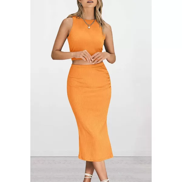 imagePRETTYGARDEN Womens 2 Piece Summer Outfits Crewneck Tank Tops Split Bodycon Midi Skirt Dress SetBright Yellow
