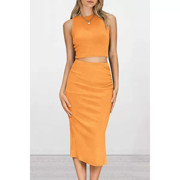 imagePRETTYGARDEN Womens 2 Piece Summer Outfits Crewneck Tank Tops Split Bodycon Midi Skirt Dress SetBright Yellow