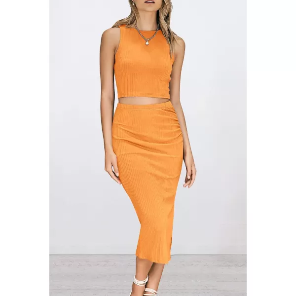 imagePRETTYGARDEN Womens 2 Piece Summer Outfits Crewneck Tank Tops Split Bodycon Midi Skirt Dress SetBright Yellow