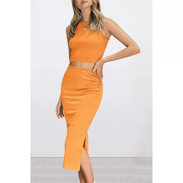 imagePRETTYGARDEN Womens 2 Piece Summer Outfits Crewneck Tank Tops Split Bodycon Midi Skirt Dress SetBright Yellow