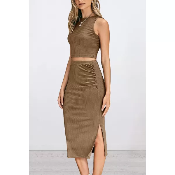 imagePRETTYGARDEN Womens 2 Piece Summer Outfits Crewneck Tank Tops Split Bodycon Midi Skirt Dress SetCamel