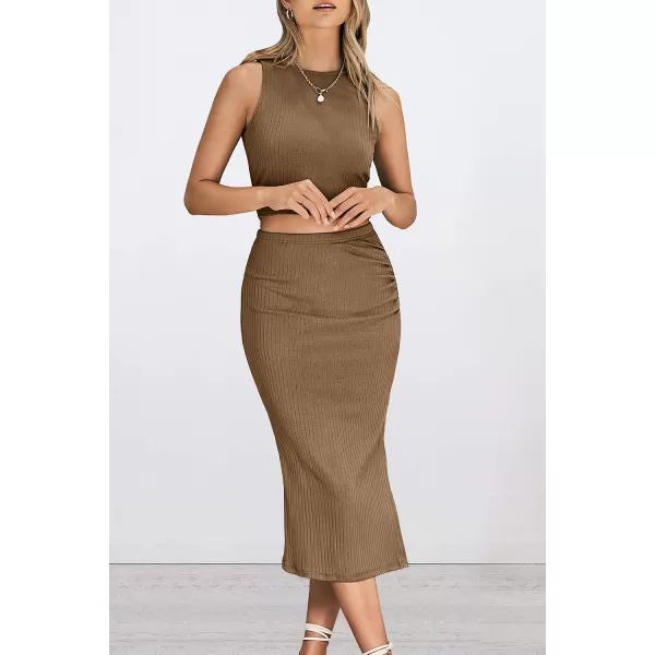 imagePRETTYGARDEN Womens 2 Piece Summer Outfits Crewneck Tank Tops Split Bodycon Midi Skirt Dress SetCamel