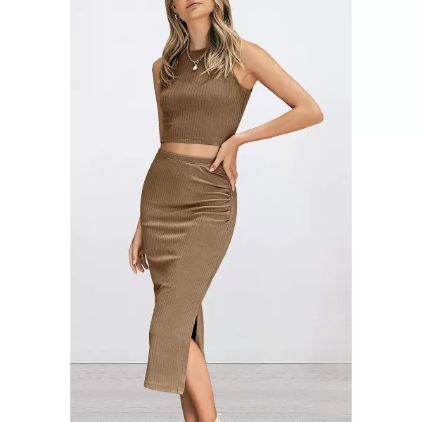 imagePRETTYGARDEN Womens 2 Piece Summer Outfits Crewneck Tank Tops Split Bodycon Midi Skirt Dress SetCamel