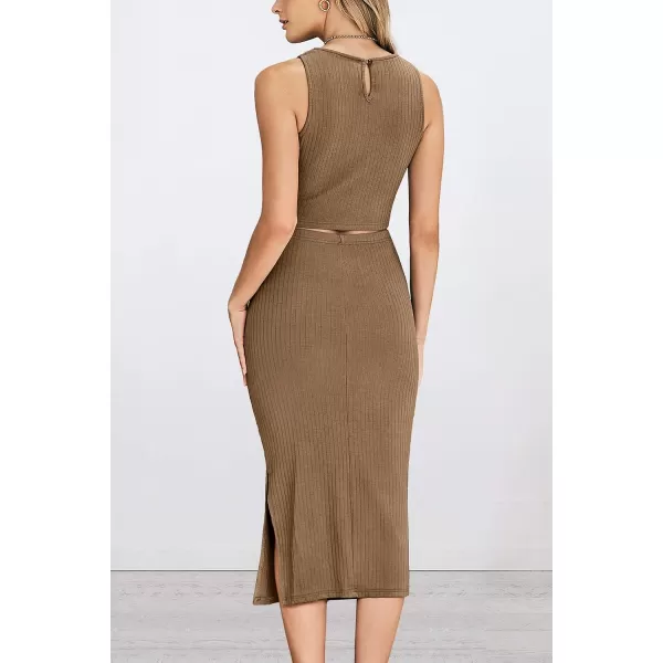 imagePRETTYGARDEN Womens 2 Piece Summer Outfits Crewneck Tank Tops Split Bodycon Midi Skirt Dress SetCamel