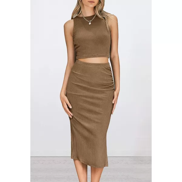 imagePRETTYGARDEN Womens 2 Piece Summer Outfits Crewneck Tank Tops Split Bodycon Midi Skirt Dress SetCamel