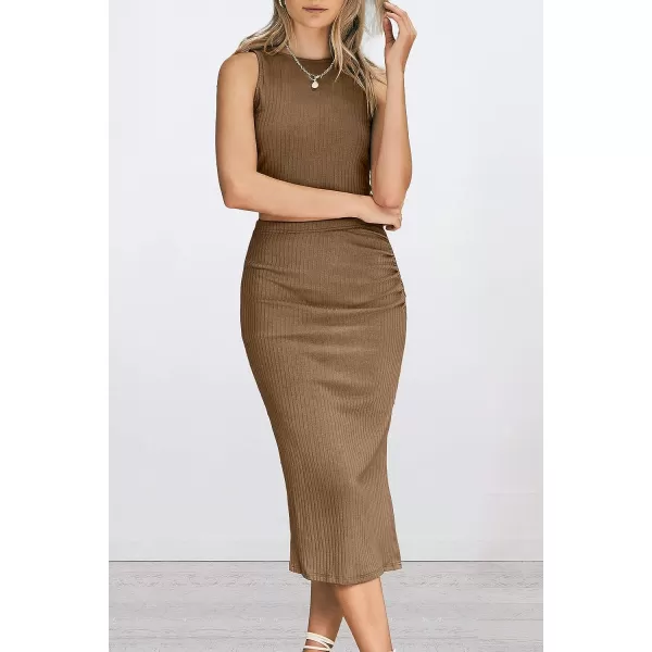 imagePRETTYGARDEN Womens 2 Piece Summer Outfits Crewneck Tank Tops Split Bodycon Midi Skirt Dress SetCamel