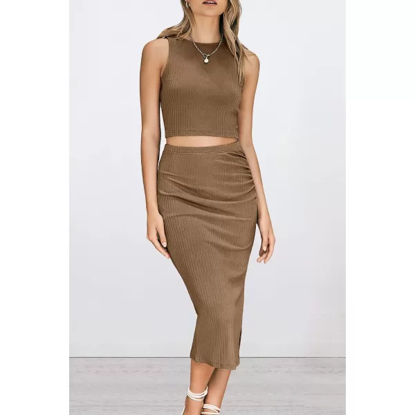 imagePRETTYGARDEN Womens 2 Piece Summer Outfits Crewneck Tank Tops Split Bodycon Midi Skirt Dress SetCamel