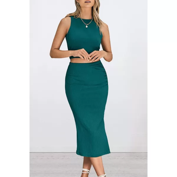 imagePRETTYGARDEN Womens 2 Piece Summer Outfits Crewneck Tank Tops Split Bodycon Midi Skirt Dress SetDark Green