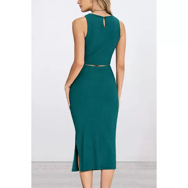 imagePRETTYGARDEN Womens 2 Piece Summer Outfits Crewneck Tank Tops Split Bodycon Midi Skirt Dress SetDark Green