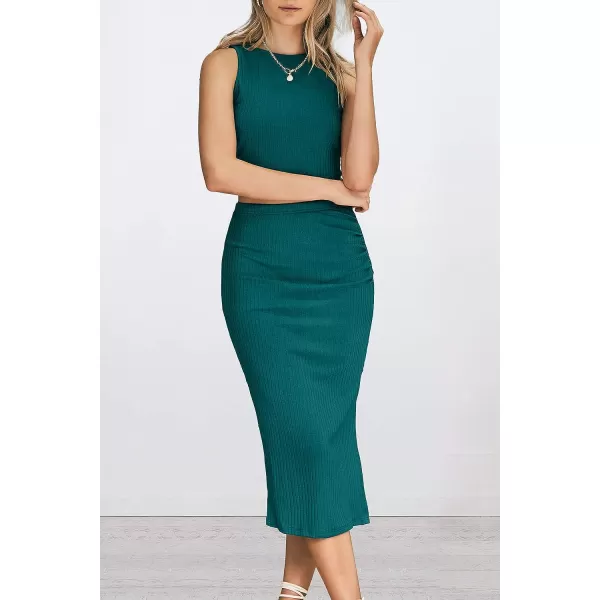 imagePRETTYGARDEN Womens 2 Piece Summer Outfits Crewneck Tank Tops Split Bodycon Midi Skirt Dress SetDark Green