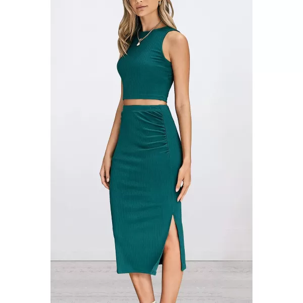 imagePRETTYGARDEN Womens 2 Piece Summer Outfits Crewneck Tank Tops Split Bodycon Midi Skirt Dress SetDark Green