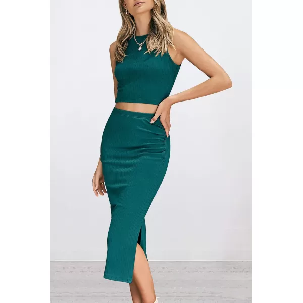 imagePRETTYGARDEN Womens 2 Piece Summer Outfits Crewneck Tank Tops Split Bodycon Midi Skirt Dress SetDark Green