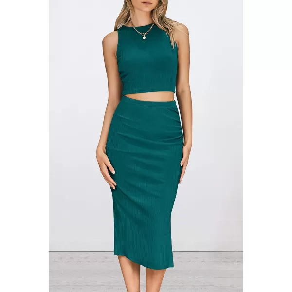 imagePRETTYGARDEN Womens 2 Piece Summer Outfits Crewneck Tank Tops Split Bodycon Midi Skirt Dress SetDark Green
