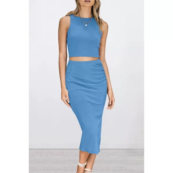 imagePRETTYGARDEN Womens 2 Piece Summer Outfits Crewneck Tank Tops Split Bodycon Midi Skirt Dress SetLight Blue