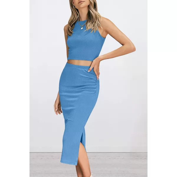 imagePRETTYGARDEN Womens 2 Piece Summer Outfits Crewneck Tank Tops Split Bodycon Midi Skirt Dress SetLight Blue