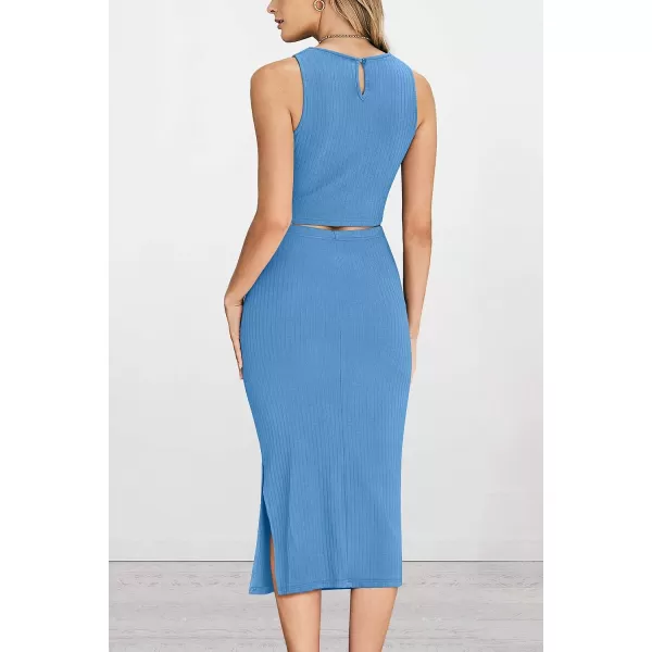 imagePRETTYGARDEN Womens 2 Piece Summer Outfits Crewneck Tank Tops Split Bodycon Midi Skirt Dress SetLight Blue