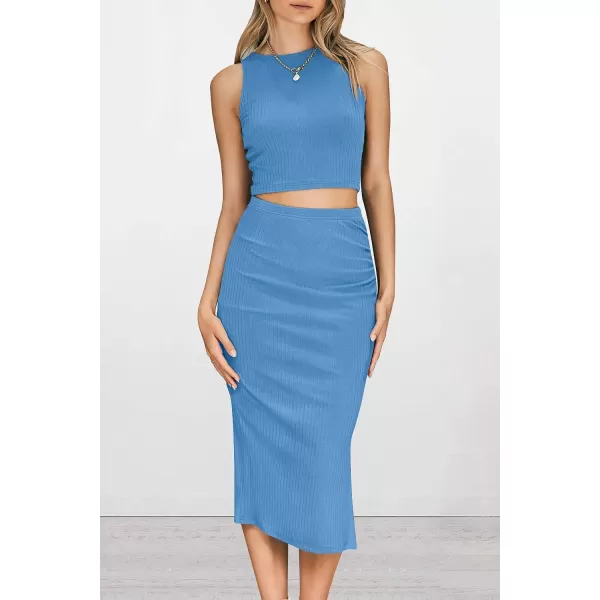 imagePRETTYGARDEN Womens 2 Piece Summer Outfits Crewneck Tank Tops Split Bodycon Midi Skirt Dress SetLight Blue