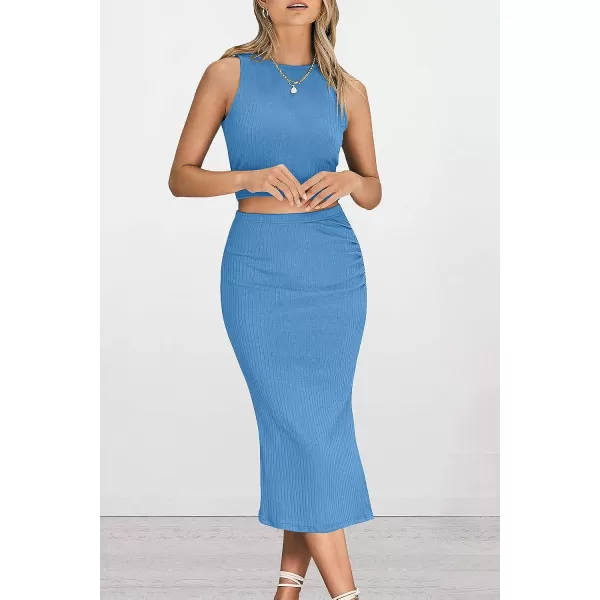 imagePRETTYGARDEN Womens 2 Piece Summer Outfits Crewneck Tank Tops Split Bodycon Midi Skirt Dress SetLight Blue