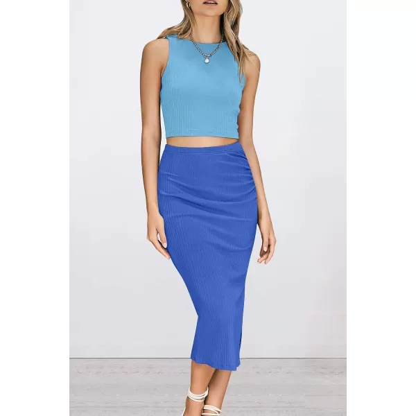 imagePRETTYGARDEN Womens 2 Piece Summer Outfits Crewneck Tank Tops Split Bodycon Midi Skirt Dress SetLight Blueblue