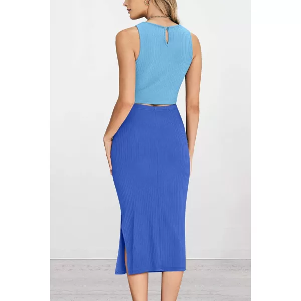 imagePRETTYGARDEN Womens 2 Piece Summer Outfits Crewneck Tank Tops Split Bodycon Midi Skirt Dress SetLight Blueblue