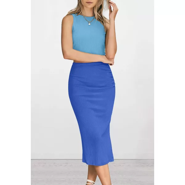 imagePRETTYGARDEN Womens 2 Piece Summer Outfits Crewneck Tank Tops Split Bodycon Midi Skirt Dress SetLight Blueblue
