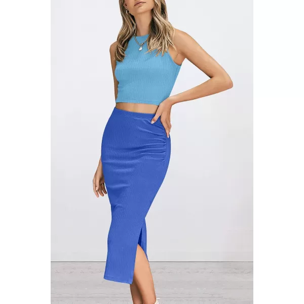 imagePRETTYGARDEN Womens 2 Piece Summer Outfits Crewneck Tank Tops Split Bodycon Midi Skirt Dress SetLight Blueblue