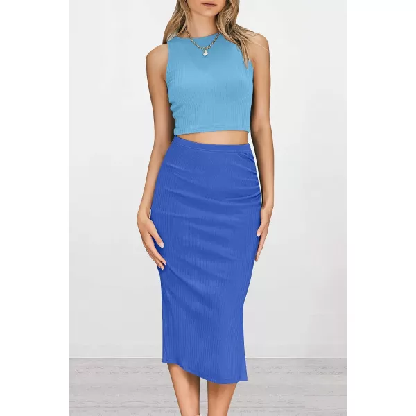 imagePRETTYGARDEN Womens 2 Piece Summer Outfits Crewneck Tank Tops Split Bodycon Midi Skirt Dress SetLight Blueblue