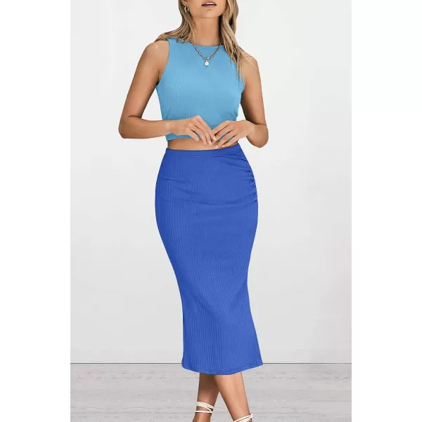 imagePRETTYGARDEN Womens 2 Piece Summer Outfits Crewneck Tank Tops Split Bodycon Midi Skirt Dress SetLight Blueblue