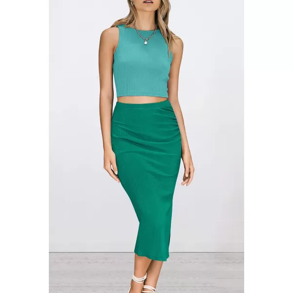 imagePRETTYGARDEN Womens 2 Piece Summer Outfits Crewneck Tank Tops Split Bodycon Midi Skirt Dress SetLight Greengreen