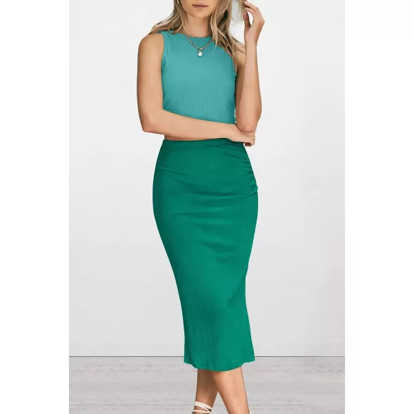 imagePRETTYGARDEN Womens 2 Piece Summer Outfits Crewneck Tank Tops Split Bodycon Midi Skirt Dress SetLight Greengreen