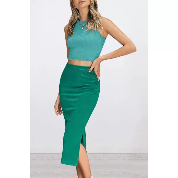 imagePRETTYGARDEN Womens 2 Piece Summer Outfits Crewneck Tank Tops Split Bodycon Midi Skirt Dress SetLight Greengreen