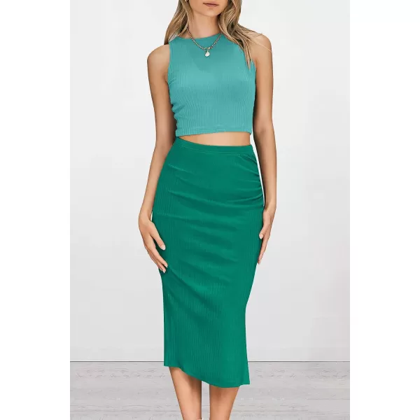 imagePRETTYGARDEN Womens 2 Piece Summer Outfits Crewneck Tank Tops Split Bodycon Midi Skirt Dress SetLight Greengreen