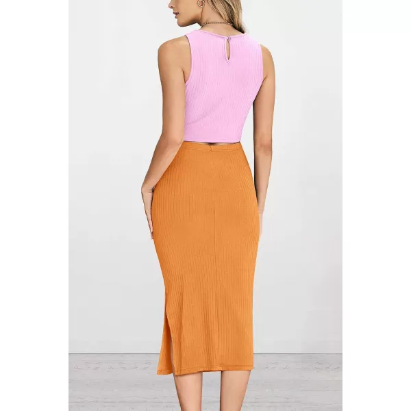 imagePRETTYGARDEN Womens 2 Piece Summer Outfits Crewneck Tank Tops Split Bodycon Midi Skirt Dress SetLight Pinkbright Yellow
