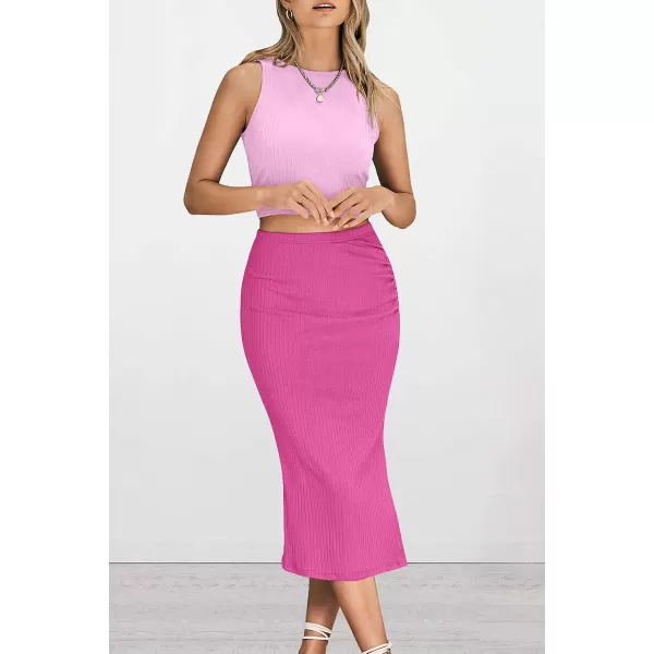 imagePRETTYGARDEN Womens 2 Piece Summer Outfits Crewneck Tank Tops Split Bodycon Midi Skirt Dress SetLight Pinkrose Red
