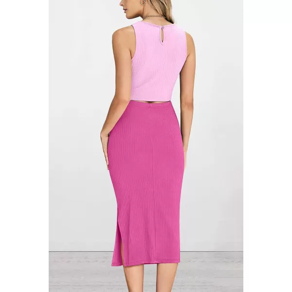 imagePRETTYGARDEN Womens 2 Piece Summer Outfits Crewneck Tank Tops Split Bodycon Midi Skirt Dress SetLight Pinkrose Red